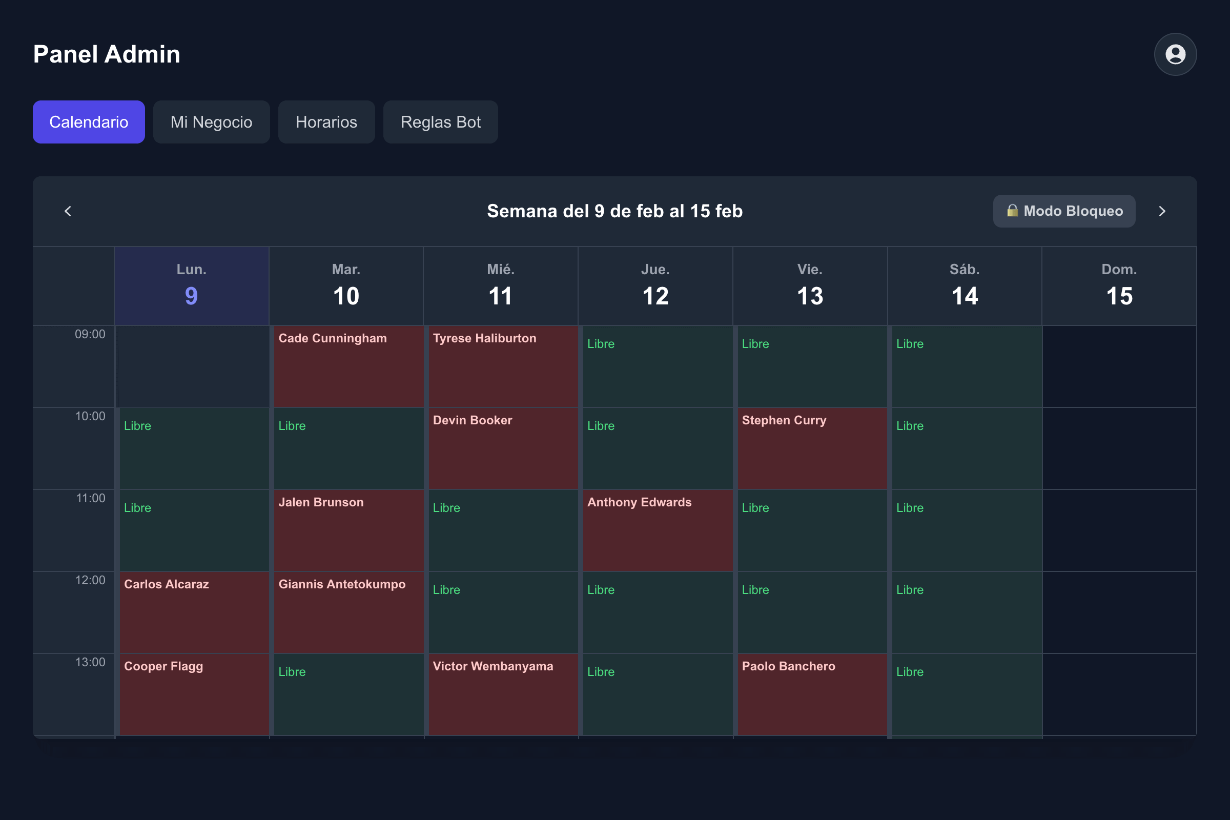 Panel de administración con calendario